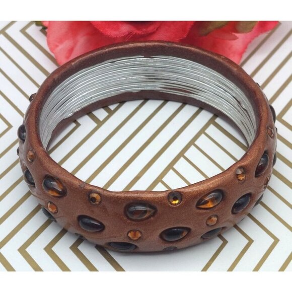 Bronze Color & Amber Glass Small Wrist Unique Bangle Bracelet Boho Brown - Picture 6 of 7